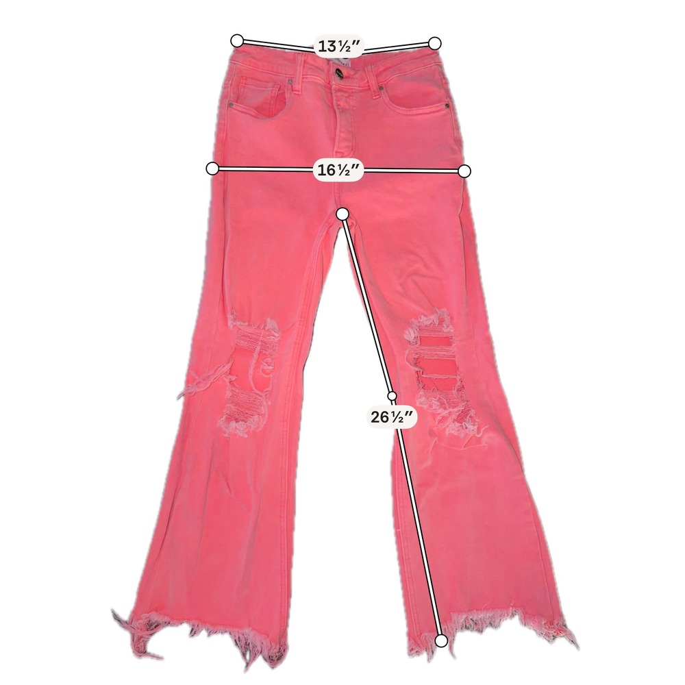 Risen Jeans Neon Pink Distressed Flare High Rise Denim RDP5265-N Size 7/28 A1 - Picture 8 of 12